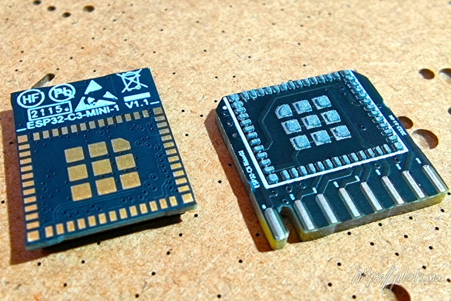 A clsoe up picture of the front and back of the devboards with no components on them yet
